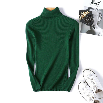 Suéter de cuello alto para mujer, camisa de manga larga ajustada, adelgazante, de color sólido, de punto fresco coreano para mujer