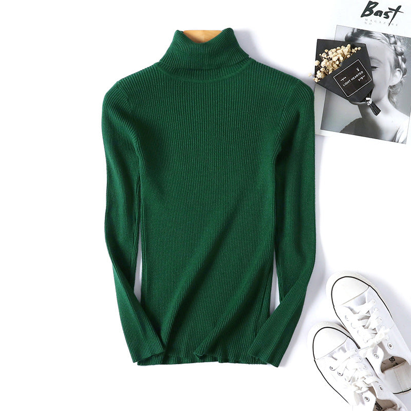Suéter de cuello alto para mujer, camisa de manga larga ajustada, adelgazante, de color sólido, de punto fresco coreano para mujer
