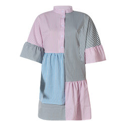 Vestido informal de manga corta con estampado de rayas y contraste de colores para primavera y verano para mujer