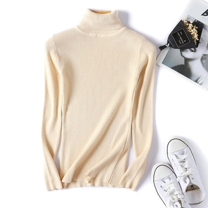 Suéter de cuello alto para mujer, camisa de manga larga ajustada, adelgazante, de color sólido, de punto fresco coreano para mujer