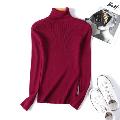 Suéter de cuello alto para mujer, camisa de manga larga ajustada, adelgazante, de color sólido, de punto fresco coreano para mujer