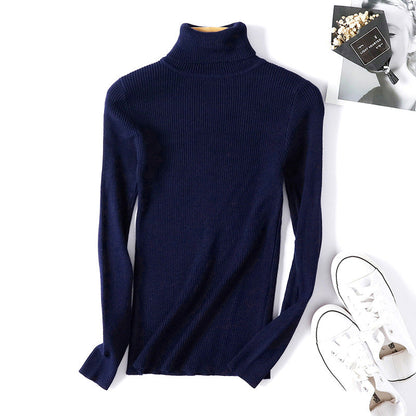 Suéter de cuello alto para mujer, camisa de manga larga ajustada, adelgazante, de color sólido, de punto fresco coreano para mujer