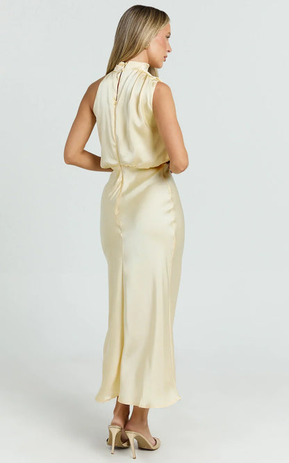 Minnie Midi Dress - Drape Neck Satin Slip Dress in Butter Yellow