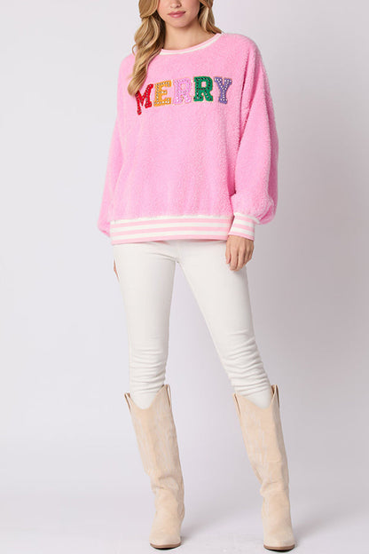 Sudadera de cuello redondo de manga larga con letras navideñas y diamantes de imitación