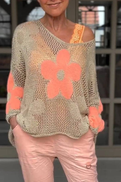 Camisa de punto floral con cuello en V calado Suéter de malla floral