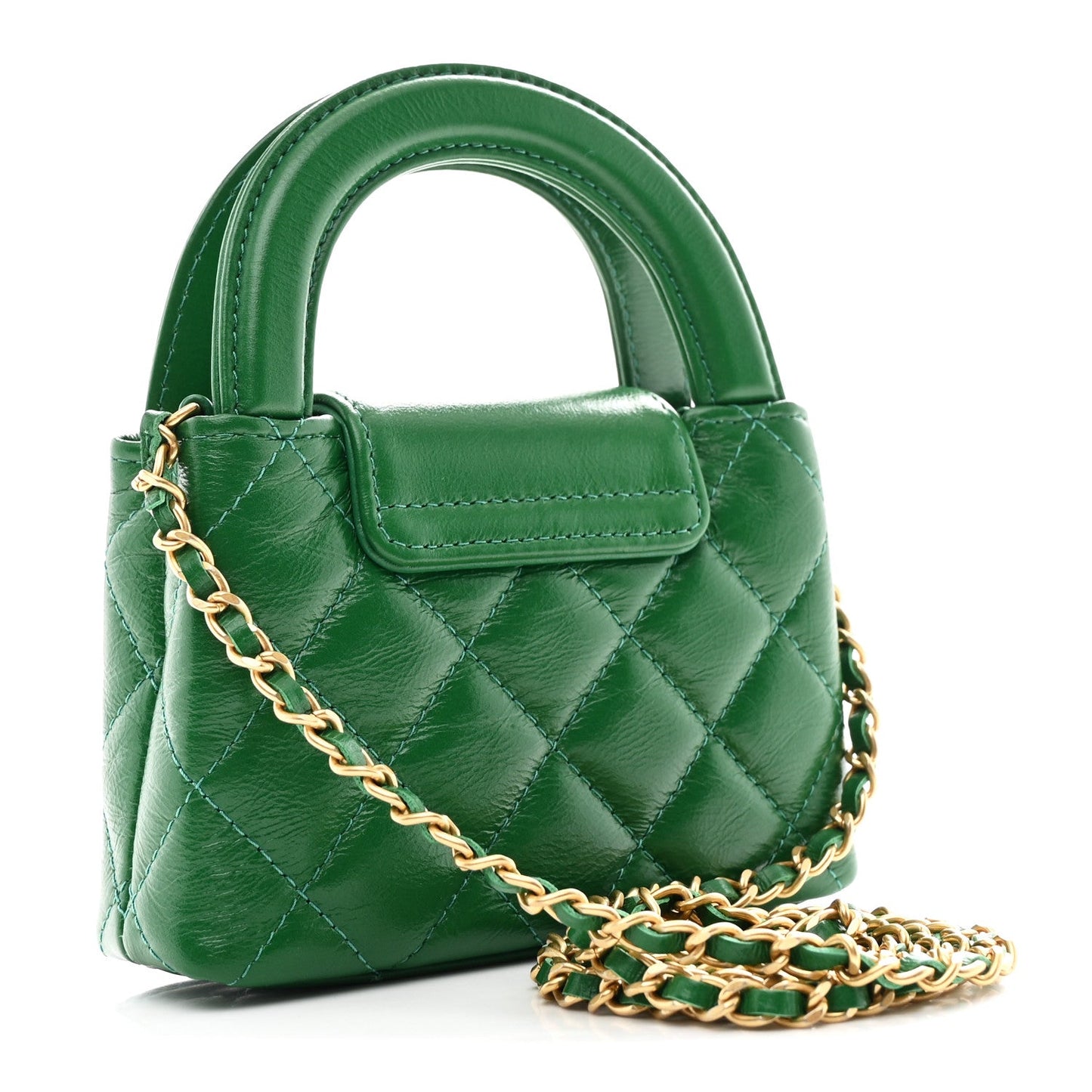 Shiny Aged Calfskin Quilted Mini Nano Kelly Shopper Green