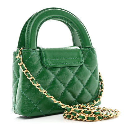 Shiny Aged Calfskin Quilted Mini Nano Kelly Shopper Green