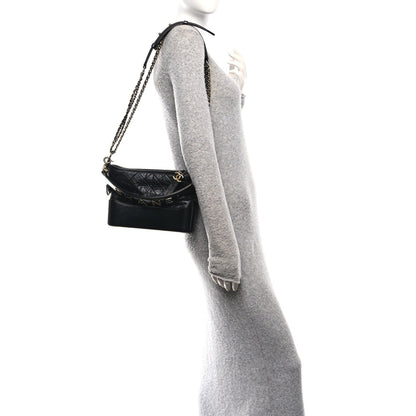 Aged Smooth Calfskin Quilted Medium Gabrielle Logo Hobo Black