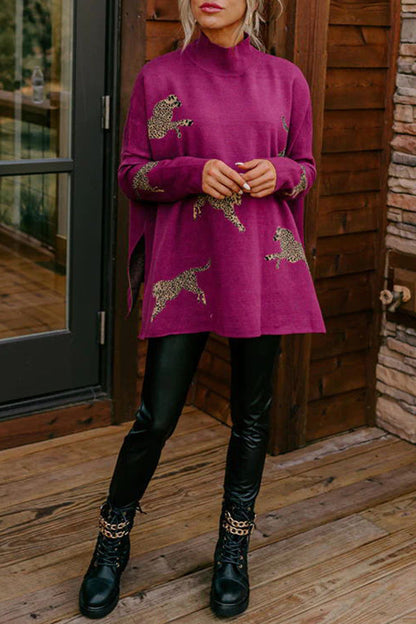 SUDADERA RELAJADA CON ABERTURA DE LEOPARDO, ACOGEDORA Y AMABLE