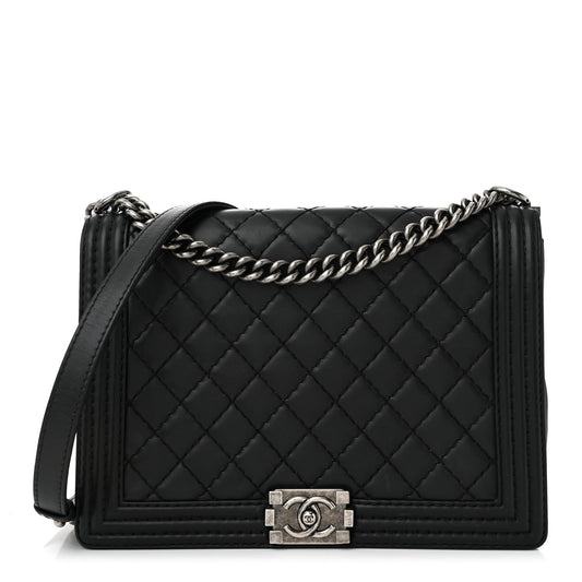 Calfskin Double Stitch Large Boy Flap Black