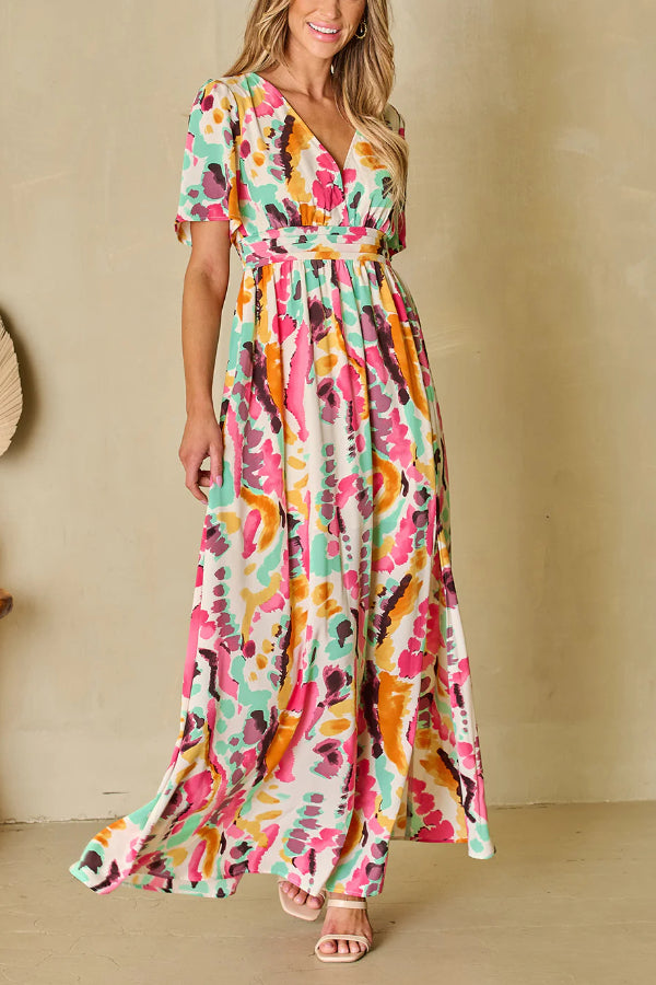 Vestido largo bohemio con cuello en V y estampado tie-dye