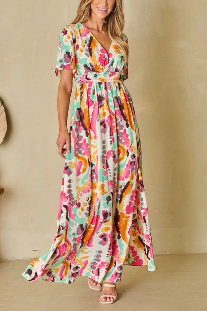 Vestido largo bohemio con cuello en V y estampado tie-dye