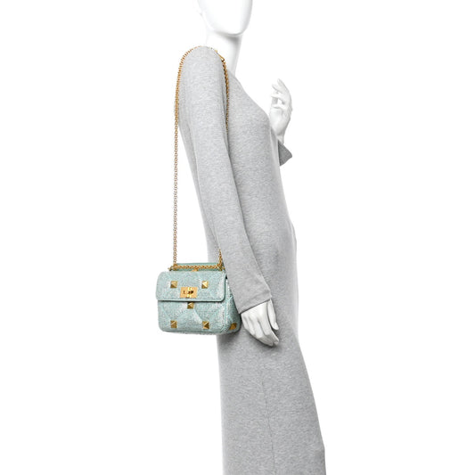 Crystal Suede Small Roman Stud Shoulder Bag Green