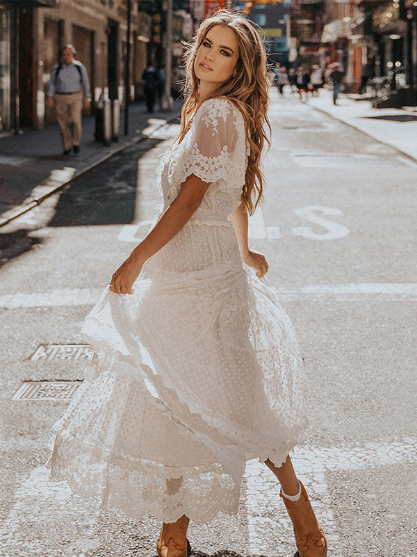 White Maxi Dresses Short Sleeves Lace Applique V-Neck Floor Length Dress