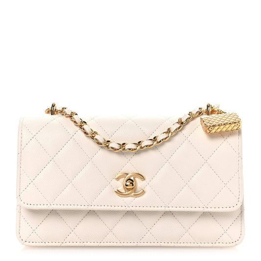 Shiny Caviar Quilted Flap Charm Wallet On Chain WOC White
