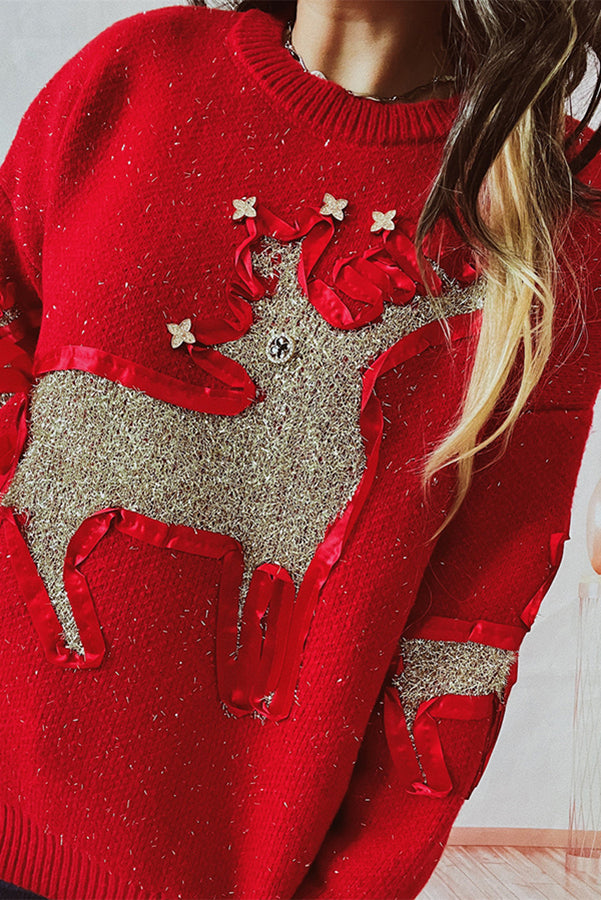 Suéter de punto de cuello redondo y manga larga con estampado navideño
