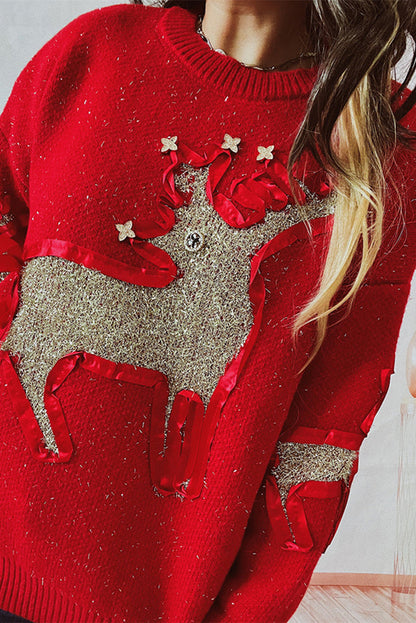 Suéter de punto de cuello redondo y manga larga con estampado navideño