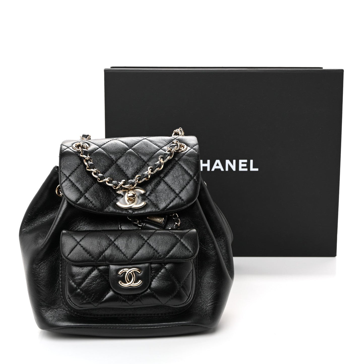 Glazed Aged Calfskin Quilted Small Duma Drawstring Backpack Black