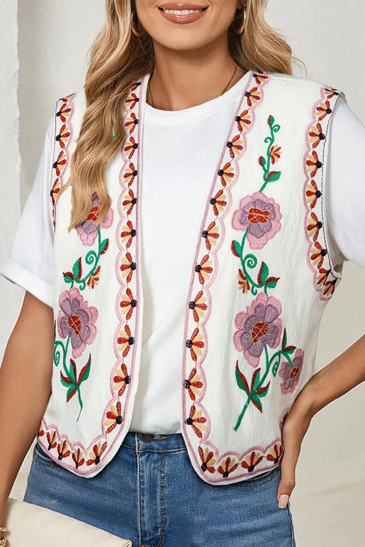 Chaleco tipo cárdigan blanco bohemio con bordado floral