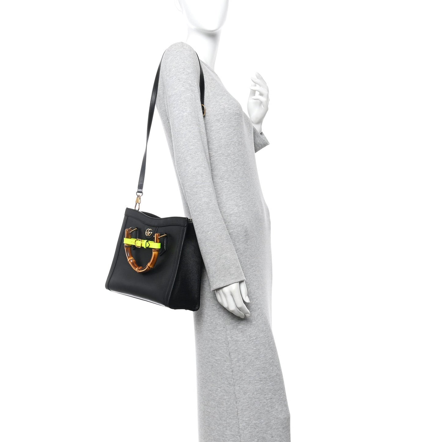 Calfskin Small Diana Tote Bag Black Yellow Fluo