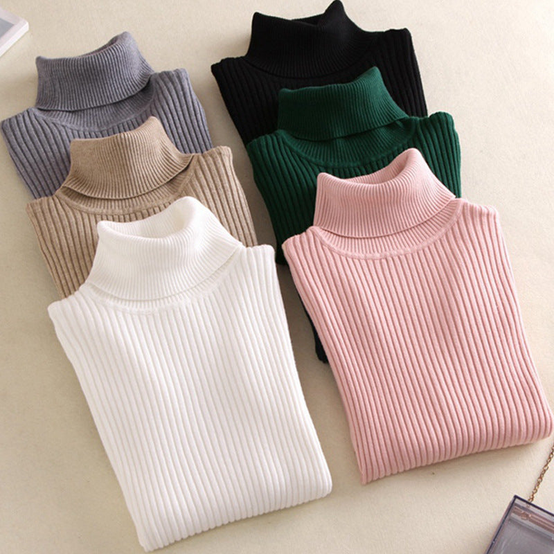 Suéter de cuello alto para mujer, camisa de manga larga ajustada, adelgazante, de color sólido, de punto fresco coreano para mujer