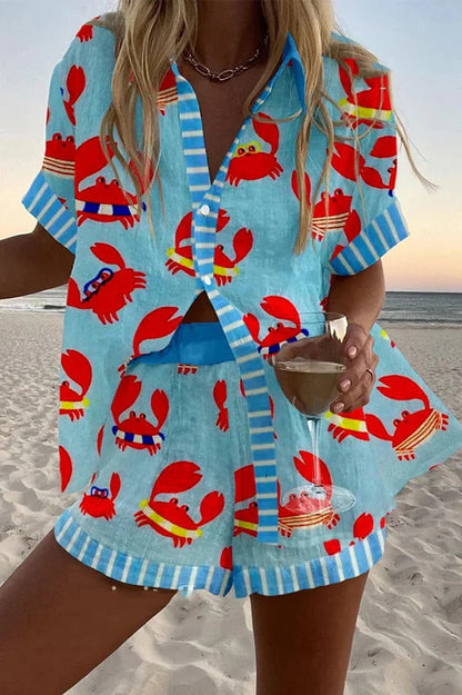 Conjunto de pantalones cortos con cintura elástica y botones sueltos con estampado de fiesta de cangrejos