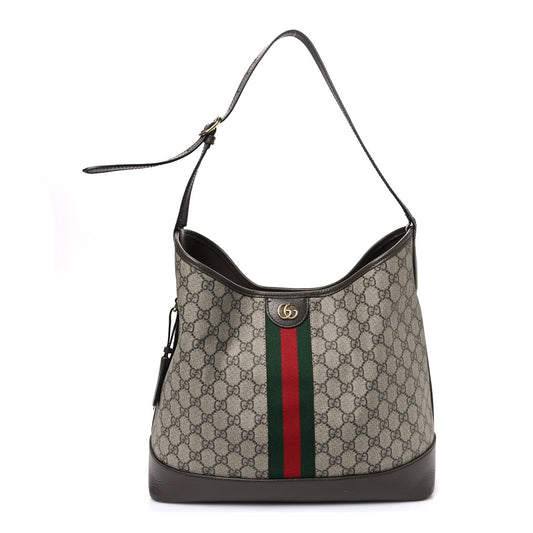 GG Supreme Monogram Textured Dollar Calfskin Web Large Ophidia Bucket Shoulder Bag Beige Ebony New Acero