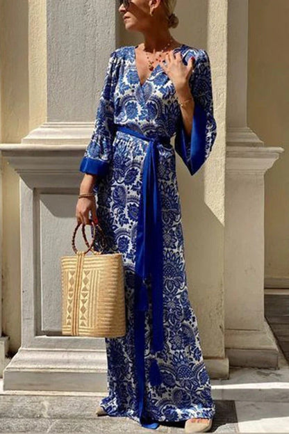 Vestido largo cruzado con cinturón y borlas con estampado floral único de satén de isla griega 
