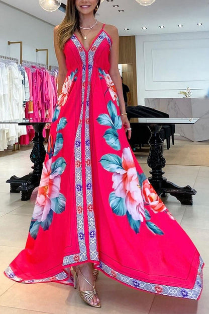 Symmetrical Beauty Flowers A-line Vacation Maxi Dress