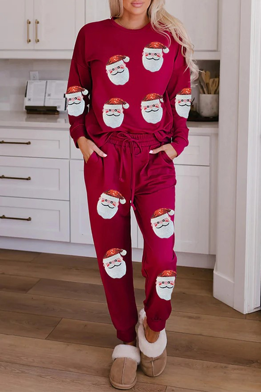 Conjunto informal de dos piezas con cuello redondo, manga larga y lentejuelas, con cordones y árbol de Navidad de Papá Noel para fiesta