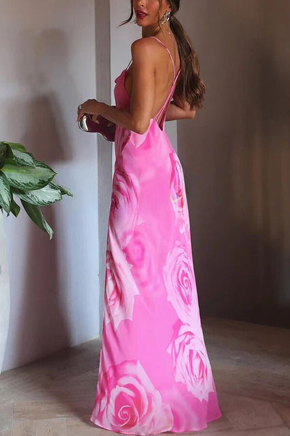 Vestido largo con abertura y cuello vuelto con estampado floral "You Get The Picture"
