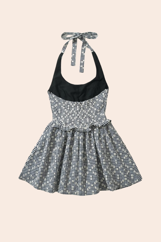 Vestido mini con cuello halter y estampado de cuadros vichy 