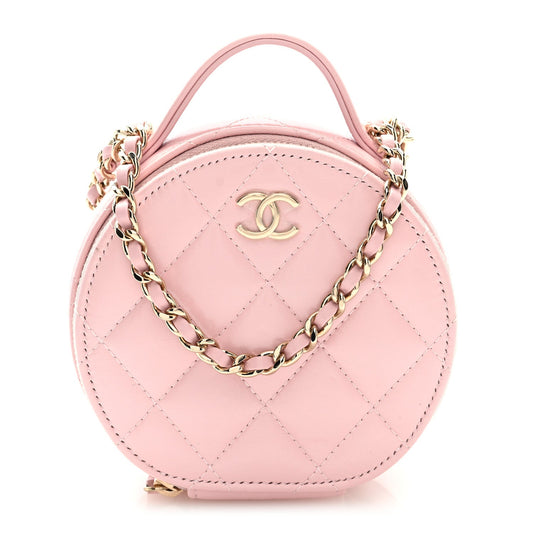 Lambskin Quilted Round Handle With Care Vanity With Chain Pink