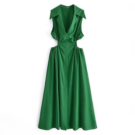Vestido informal de primavera para mujer, sin mangas, con cuello y cintura alta