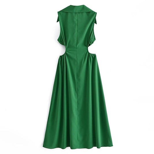 Vestido informal de primavera para mujer, sin mangas, con cuello y cintura alta