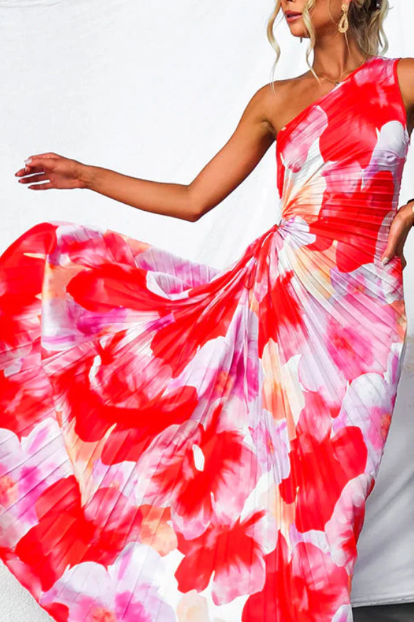 Vestido maxi plisado asimétrico sin mangas con un hombro al descubierto