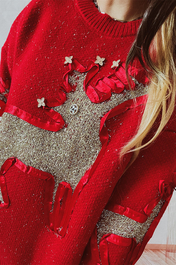 Suéter de punto de cuello redondo y manga larga con estampado navideño