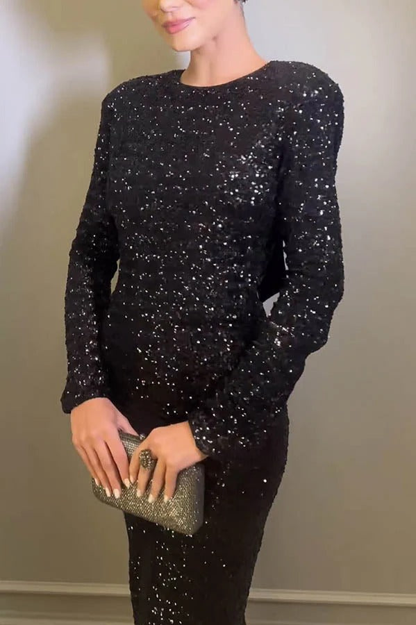 Vestido largo con diseño de lazo, espalda descubierta y hombros acolchados con lentejuelas para fiesta