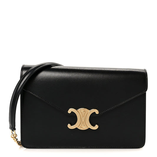 Shiny Calfskin Triomphe Margo Wallet on Chain Black