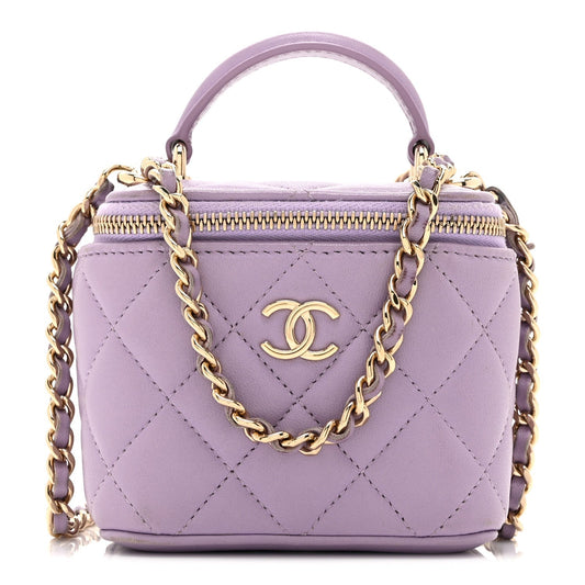 Lambskin Quilted Top Handle Mini Vanity Case With Chain Light Purple