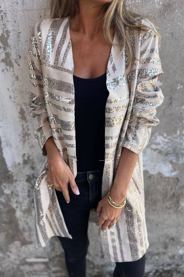 Abrigo midi holgado de manga larga con bolsillo y estampado de leopardo dorado de moda