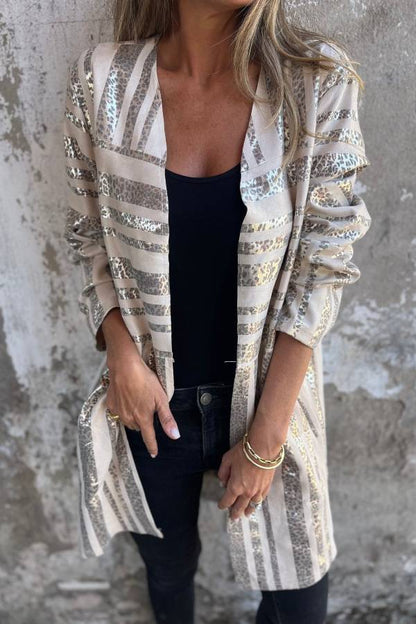 Abrigo midi holgado de manga larga con bolsillo y estampado de leopardo dorado de moda