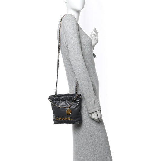 Shiny Calfskin Quilted Mini Chanel 22 Dark Grey