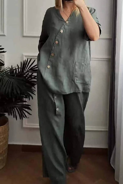 Conjunto de dos piezas de top corto y pantalón ancho de algodón y lino en color liso