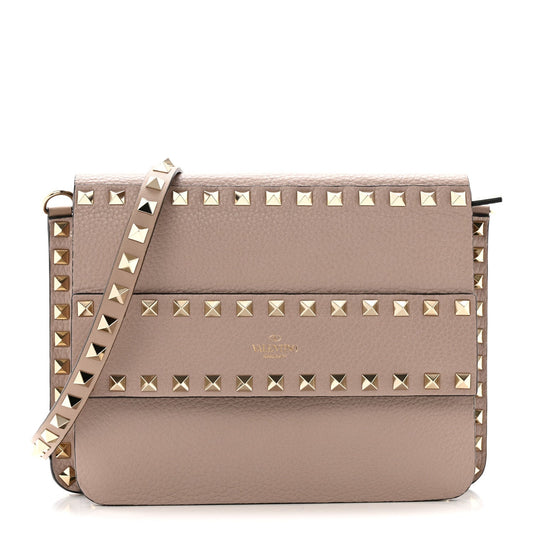 Grained Calfskin Small Rockstud Flap Crossbody Bag Poudre