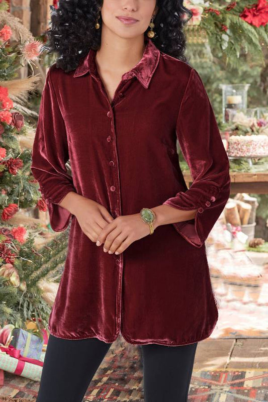 Camisa de terciopelo con solapa y botones para mujer