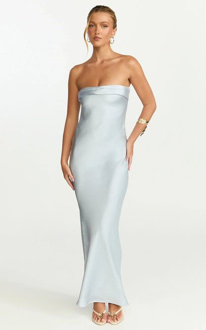 Zaya Midi Dress - Strapless Satin Slip Dress in Pale Blue