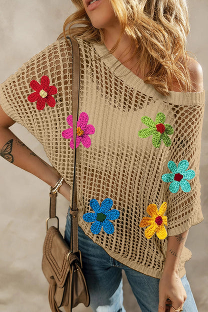 Camiseta de punto suelto con flores de colores y crochet ahuecado 