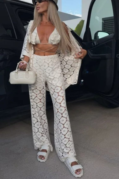 Conjunto de camisa de manga corta con encaje y pantalones anchos con cintura elástica y flores de crochet para las fiestas