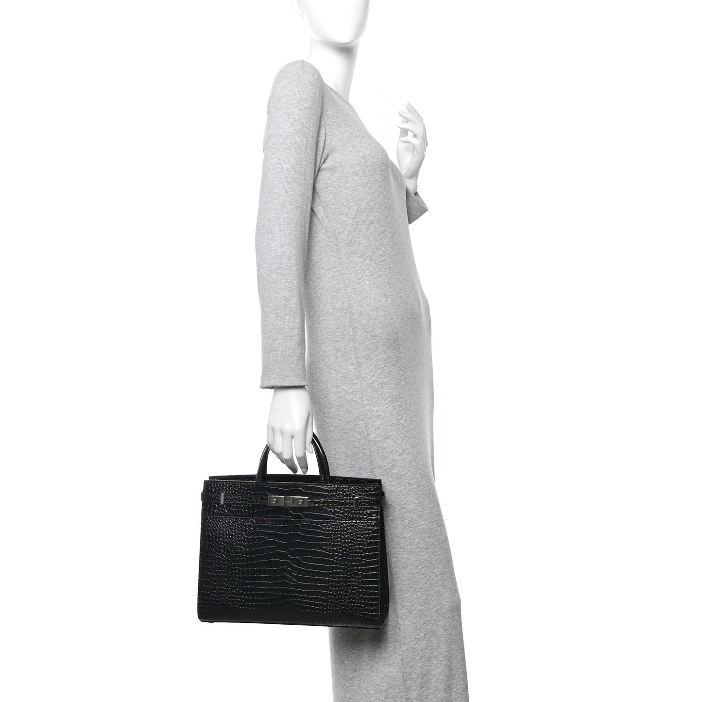 Shiny Calfskin Crocodile Embossed Small Manhattan Shopper Tote Black